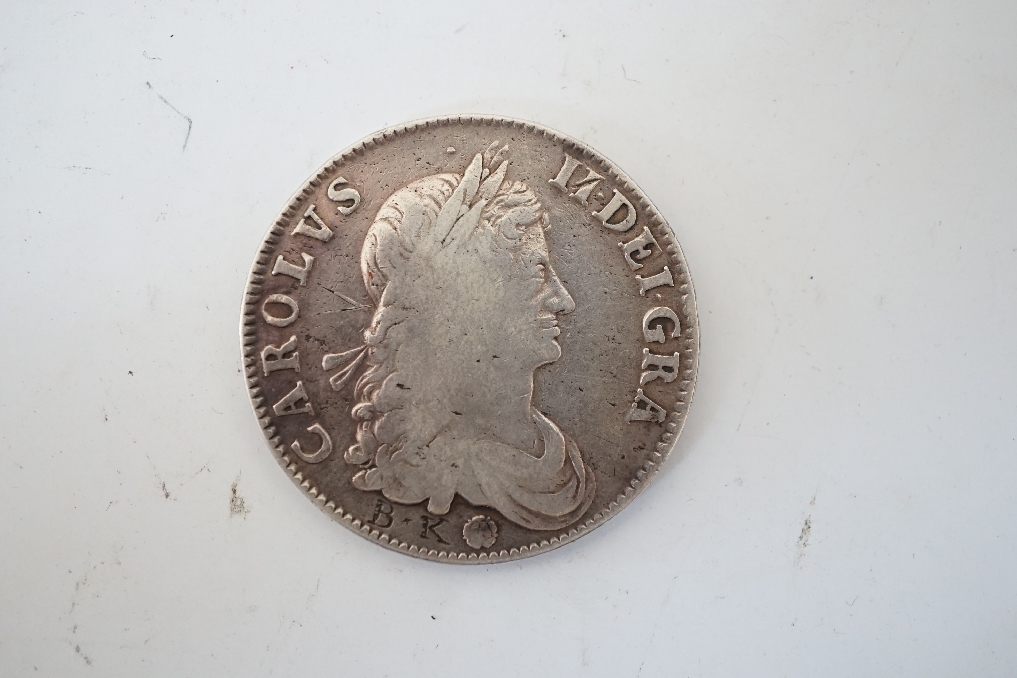 British silver coins, Charles II, crown, 1662, rose below bust, engraved initials BK below bust otherwise VG